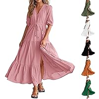Women Summer Dresses Casual Short Sleeve Maxi Dress V Neck Split Long Beach Dress Button Drawstring Vacation Sundress