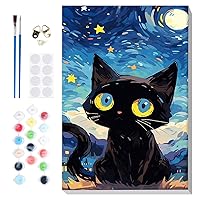 VINDIJA Starry Night Cat Paint by Numbers Kit for Adults Kids, Adults' Paint by Number Kits on Canvas Framed, Color by Numbers for Adults, Arts Crafts Kits for Girls Ages 8-12 Adults, 8x12in, MT2342