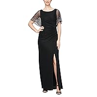 Women's Long Metallic Ruched Flutter Sleeve Dress with Side Slit