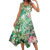 Summer Dress, Satin Dress For Women Women'S Dresses Women'S Round Neck Dress Fashion Sleeveless Loose Sequins Print Ladies Irregular Hem Outdoor 2024 Summer Midi Dress Peplum (Fluorescent Green,Large)