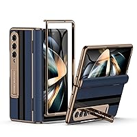 for Samsung Galaxy Z Fold 4 Phone Case [Luxury Premier Genuine Leather][Full Body Hinge Protection][Built-in Screen Protector][Kickstand Drop Proof Protective Cover] for Z Fold4 Blue