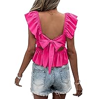 COZYEASE Women's Solid Tie Backless Peplum Blouse Ruffle Cap Sleeve Square Neck Shirt
