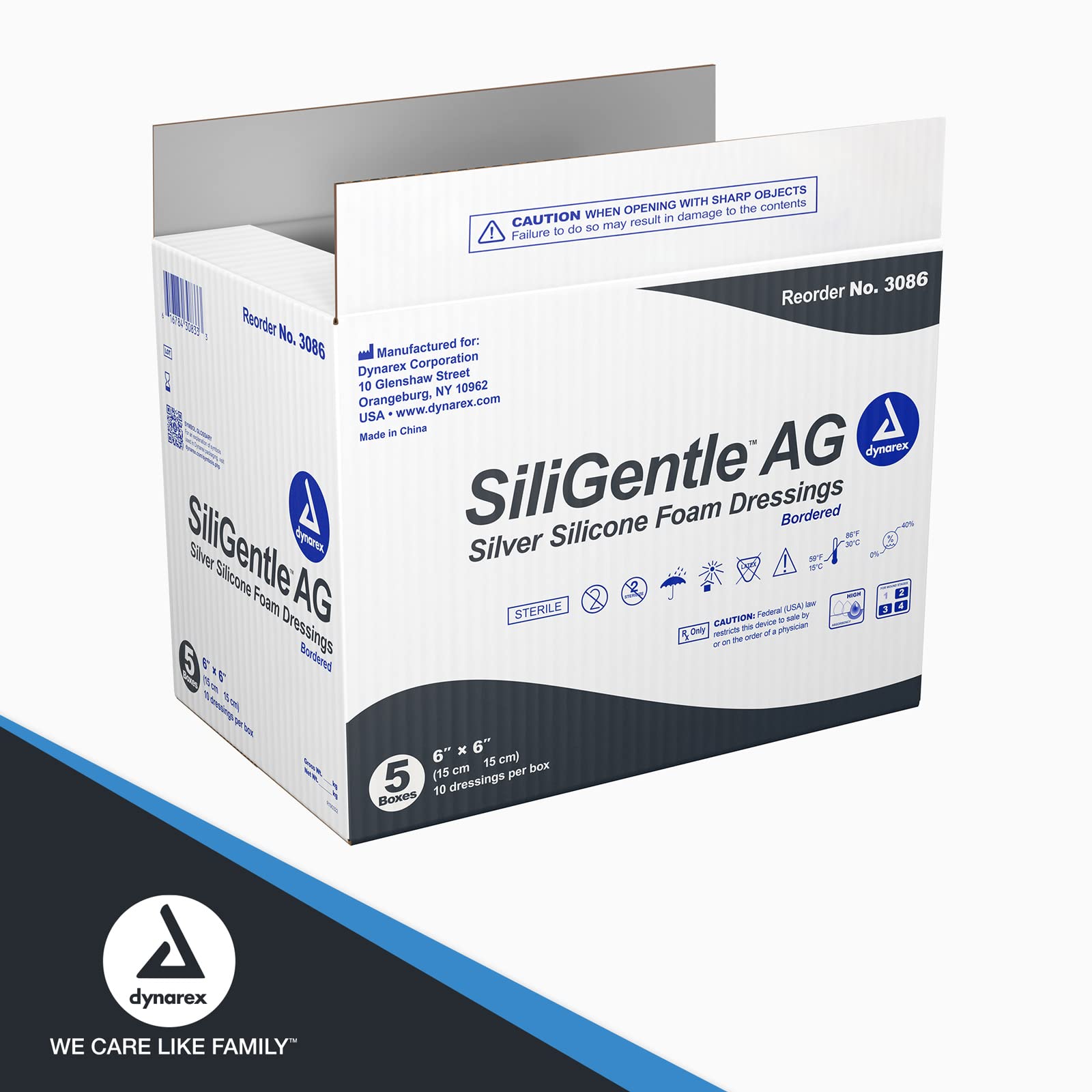Dynarex SiliGentle AG Silver Silicone Foam Dressings, Wound Care, Soft & Absorbent, 6” x 6” Adhesive Foam Pad Dressing with Silicone Layer, 1 Case of 50 Dressings