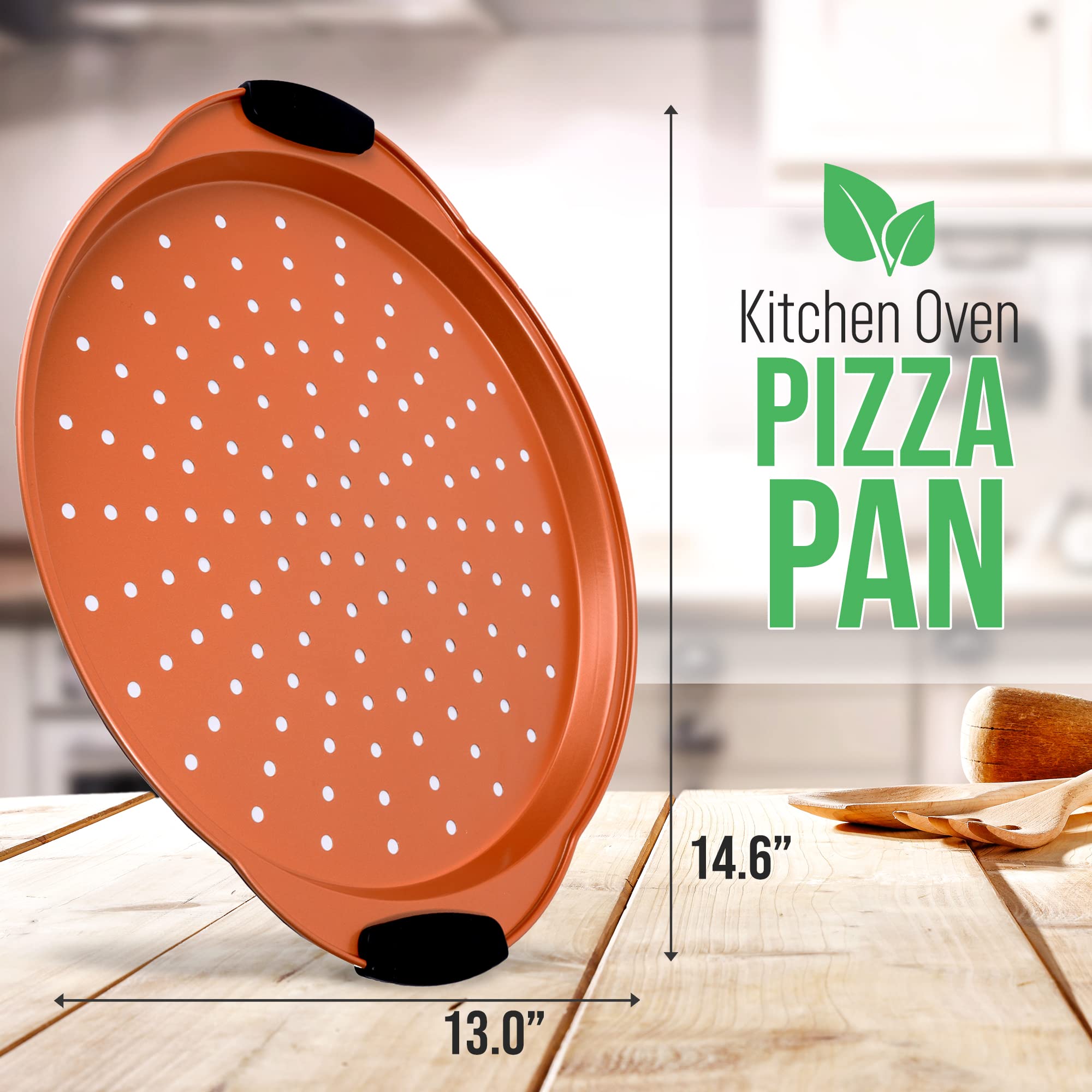 NutriChef Non-Stick Pizza Tray - with Silicone Handle, Round Steel Non-stick Pan with Perforated Holes, Premium Bakeware, Pizza Tray with Silicone and Oversized Handle, Dishwasher Safe - NCBPIZ4