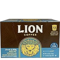 Lion Coffee Swiss Water DECAF, Vanilla Macadamia Flavored Medium Roast Coffee, Single-Serve Coffee Pods, Compatible with Keurig® Brewers, Hawaiian Inspired Taste - (12 Count Box)