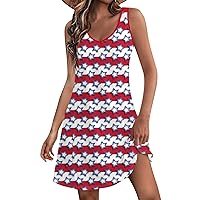 Blue T Shirt Dress 4th of July Dress Women 2024 American Print Vintage Fashion Casual with Sleeveless Round Neck Sundresses Red X-Large