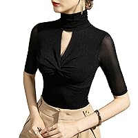 Women's Mesh Tops Summer Fashion High Neck Semi Sheer Short Sleeve Sexy Hollow Out Patchwork Blouses Elegant Work Shirts
