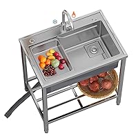 Outdoor Sink Single Bowl, Freestanding Stainless Steel Utility Sink, Commercial Kitchen Sink with Hot and Cold Tap for Restaurant