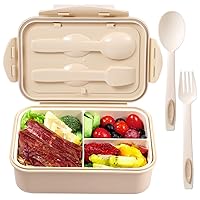 Bento Box for Adults Lunch Containers for Kids 3 Compartment Lunch Box Food Containers Leak Proof Microwave Safe(Flatware Included,Khaki)