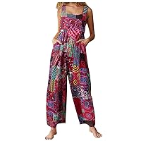 Jumpsuits For Women Summer 2024 Patchwork Dual Pocket Dressy Jumpsuit Boho Print Wide Leg One Piece Overalls Rompers