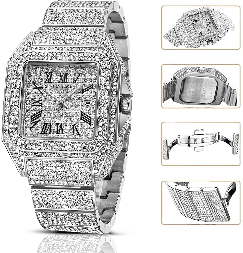 Gosasa Fashion Hip Hop Men's Crystal Watch Bling Bling Watch Rectangle Case Stainless Steel Quartz Analog Bracelet Wristwatch