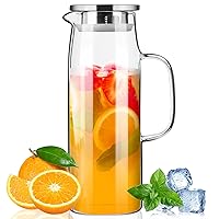 Glass Pitcher with Lid and Spout 50oz/ 1.5L, Hot/Cold Water Pitcher, Iced Tea Pitcher for the Shelf of Fridge, Easy to Clean, High Borosilicate Glass Pitcher for Lemonde, Juice and Milk