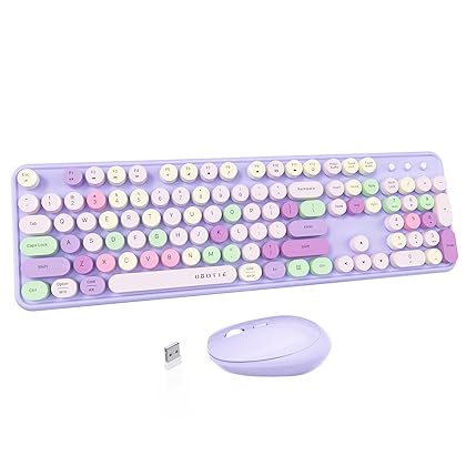 UBOTIE Colorful Computer Wireless Keyboard Mouse Combos, Typewriter Flexible Keys Office Full-Sized Keyboard, 2.4GHz Dropout-Free Connection and Optical Mouse (Purple-Colorful)