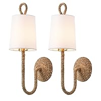 Natural Rattan Wall Sconce Set of 2, with Boho Woven Wicker and Creamy-White Fabric Shade for Vanity Stairway Fireplace Living Room Bedside Passway Hallway