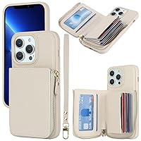 iPhone 13 pro max Phone case Wallet with Zipper Card Holders for Women, iPhone 13 pro max Case Wallet with Credit Card with Ring Kickstand Zipper Stand Case for iPhone13promax - Off-White