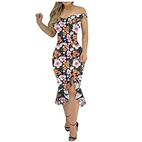 Spring Dresses for Women 2024 Trendy Maxi, Slit Dress Cold Ruffle Shoulder Loose Women Print Plain Floral Dres