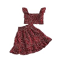 OYOANGLE Girl's 2 Piece Outfit Polka Dots Ruffle Cap Sleeve Crop Top and Ruffle Hem Skirts Set