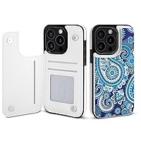 Paisley Blue Print Pattern Compatible with iPhone 15 Pro Phone Wallet Case Flip Cover with Card Holder for Men Women