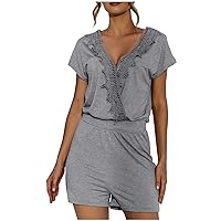 Cross Lace Lace Stitching Rompers Women V Neck Short Sleeve Jumpsuits Shorts Solid Lounge Outfit Sexy Summer Romper