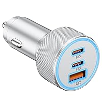 67W 3-Port USB C Car Charger, KENHAO Dual USB-C & USB-A Car Power Adapter Cigarette Lighter Fast Charging for iPhone 15/14/13/12/11/Pro Max, iPad, Samsung Galaxy S24/S23/S22/S21, Pixel, Android Phone