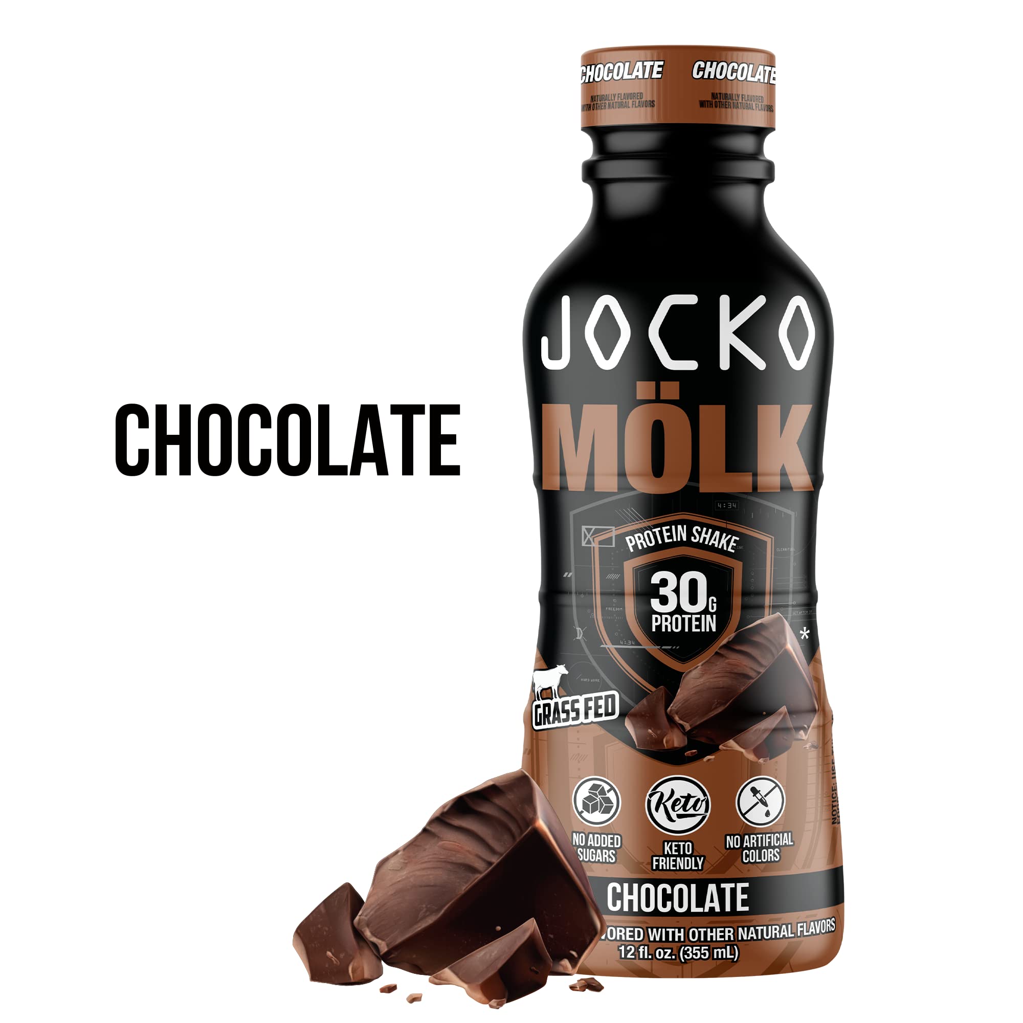 Jocko Mölk Chocolate Protein Shakes – Naturally Flavored Protein Drinks, KETO Friendly, No Added Sugar, 30g Grass Fed Protein - Protein Shakes Ready to Drink, 12 FL Oz, 12pk
