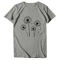 Summer Tops for Women 2024 Dandelion Print Casual Simple Fashion Loose Fit with Short Sleeve Round Neck Shirts