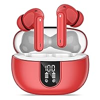 Wireless Earbuds, Bluetooth 5.3 Headphones 40Hrs Playtime Deep Bass Stereo, LED Power Display, Call Noise Canceling Headphones with Mic, IP7 Waterproof Earphones for iOS Android Red
