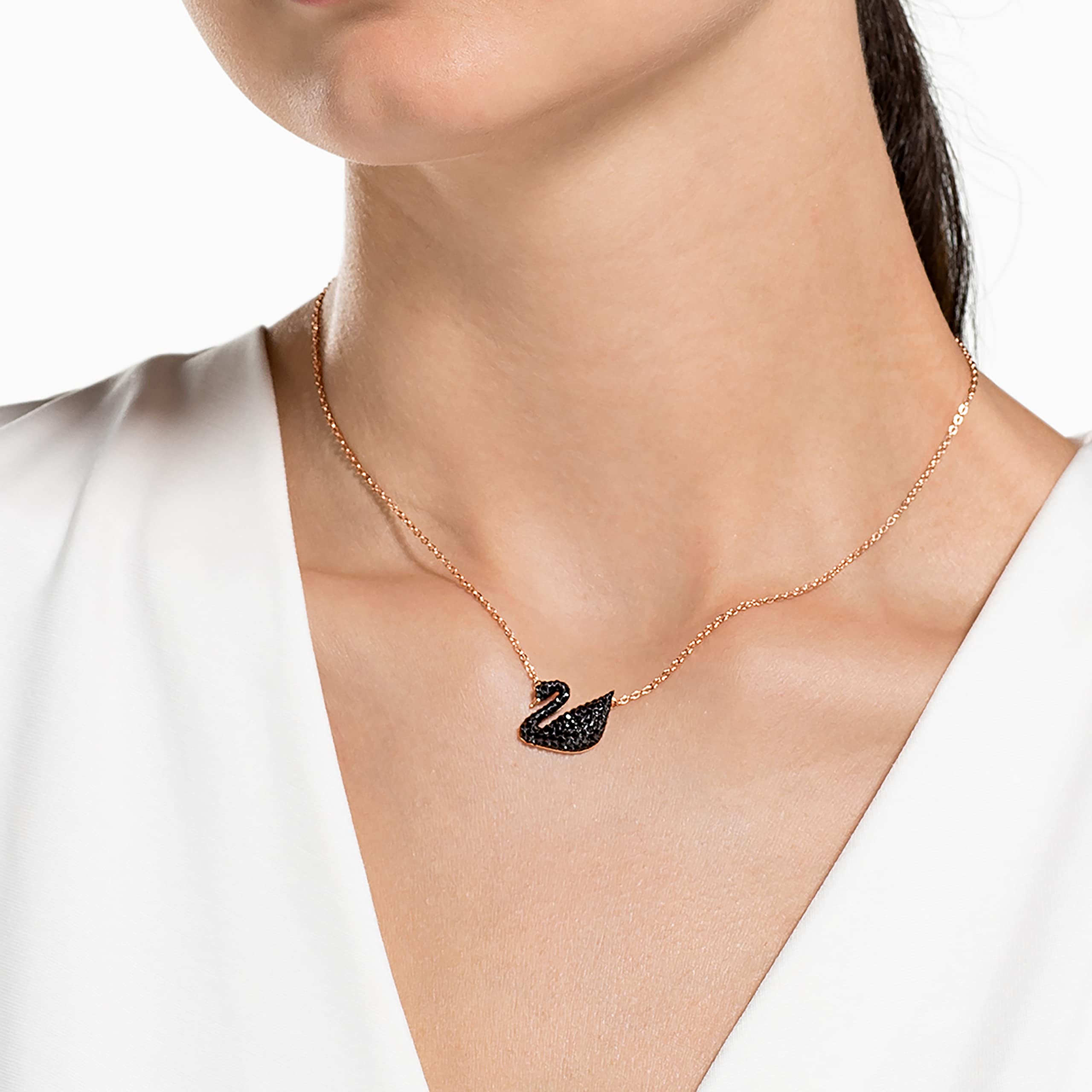 SWAROVSKI Iconic Swan Necklace and Earrings Collection, Rose Gold Tone Finish, Black Crystals