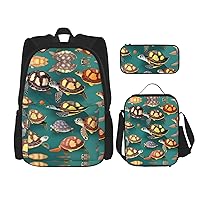 3-In-1 Backpack Bookbag Set,Many Animals Sea Turtles Print Casual Travel Backpacks,With Pencil Case Pouch, Lunch Bag