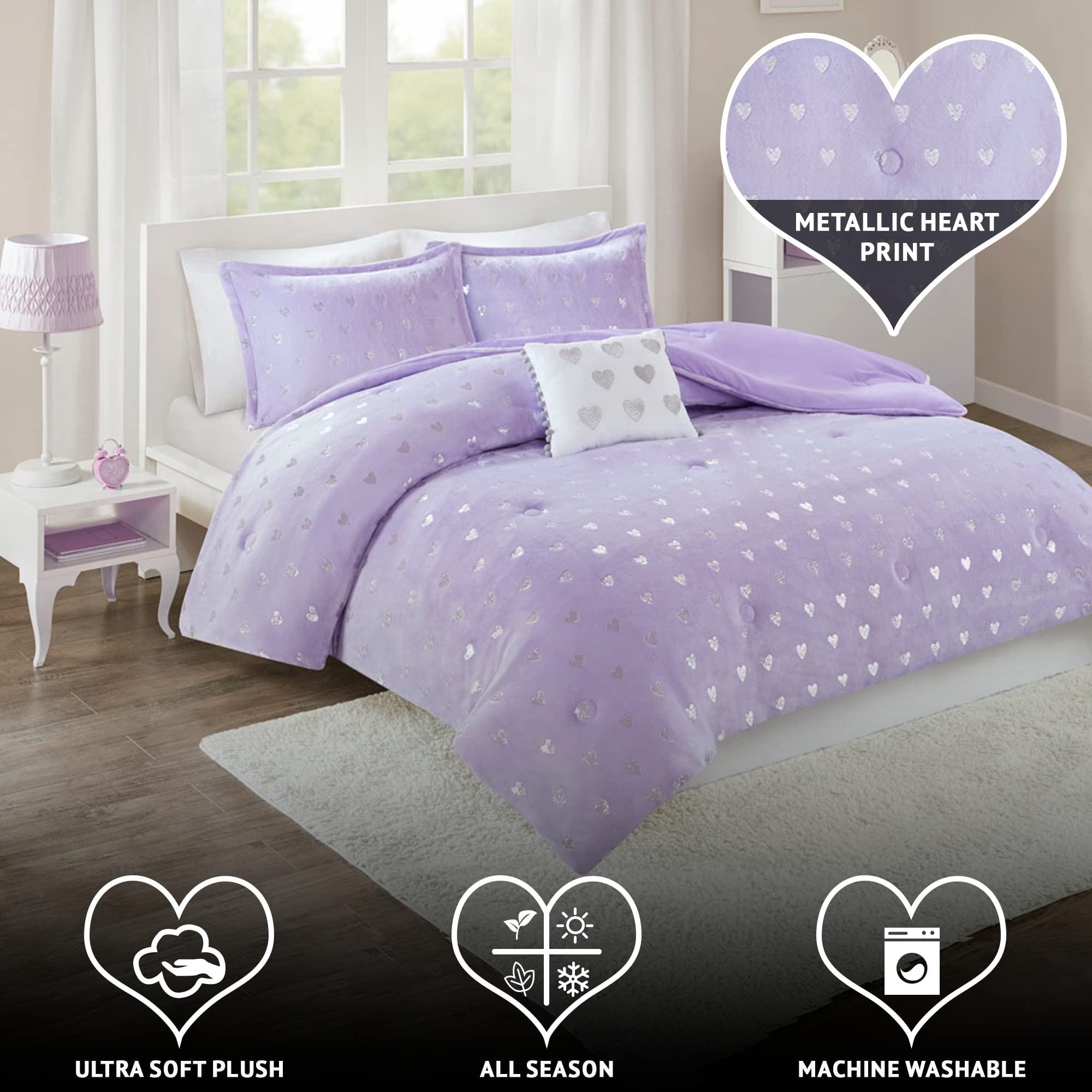 Mi Zone Rosalie Comforter Ultra-Soft Microlight Plush Metallic Printed Hearts Brushed Reverse Overfilled Down Alternative Hypoallergenic All Season Bedding-Set, Full/Queen, Purple/Silver, 4 Piece