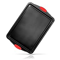 15” Non Stick Cookie Sheet, Medium Gray Commercial Grade Restaurant Quality Carbon Metal Bakeware with Red Silicone Handles, Compatible with Model NCSBS3S