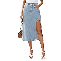 MEROKEETY Women's Denim Skirt Side Split Thigh High Waist A Line Casual Midi Jean Skirt with Pockets