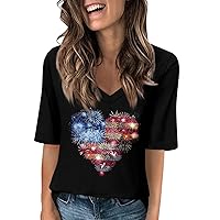 4Th of July Tops for Women 2024 Casual Stars and Stripes American Flag Print V Neck Short Sleeve T-Shirt Blouse