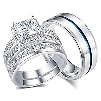 18k Gold Plated Princess Wedding Ring Sets for Him and Her Women Men Titanium Stainless Steel Bands 3.0Ct Cz Couple Rings