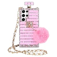 Losin for Galaxy S24 Perfume Bottle Case Bling Glitter Case for Women Girls Detachable Crossbody Lanyard Strap Case Luxury 3D Sparkle Rhinestones Gemstone with Cute Plush Furry Ball Cover, Pink