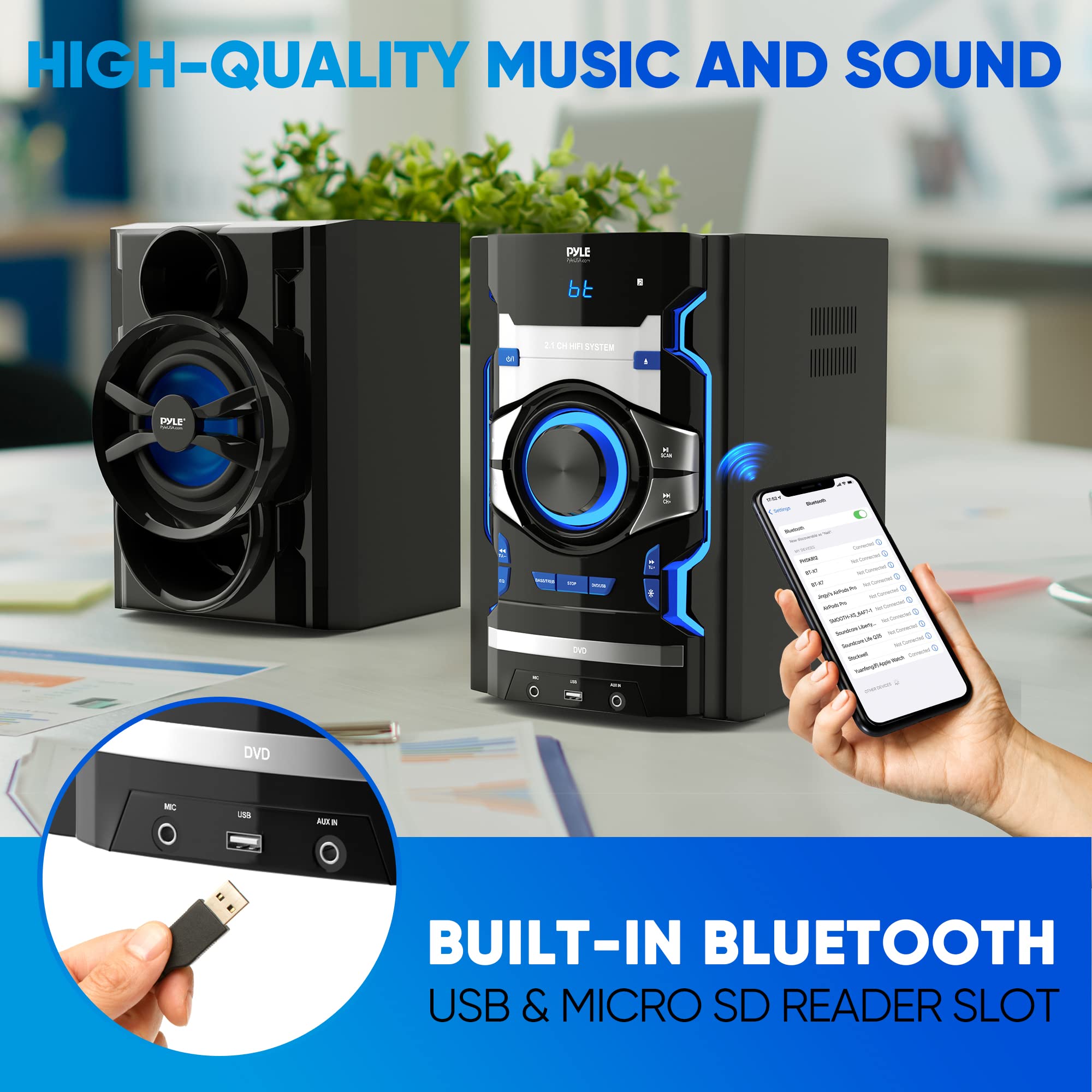 Pyle Wireless Bluetooth Stereo Shelf System - 800w CD & DVD Player for Home Audio, Theater, HD, Mic & AUX Input, MP3, USB, FM Radio, Bass Reflex Speaker, w/Remote Control, Music Sync LED - PHSKR14