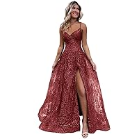 Basgute Sparkly Sequin Prom Dresses Long 2024 Lace Applique Glitter A Line Formal Evening Party Gown with Slit for Women