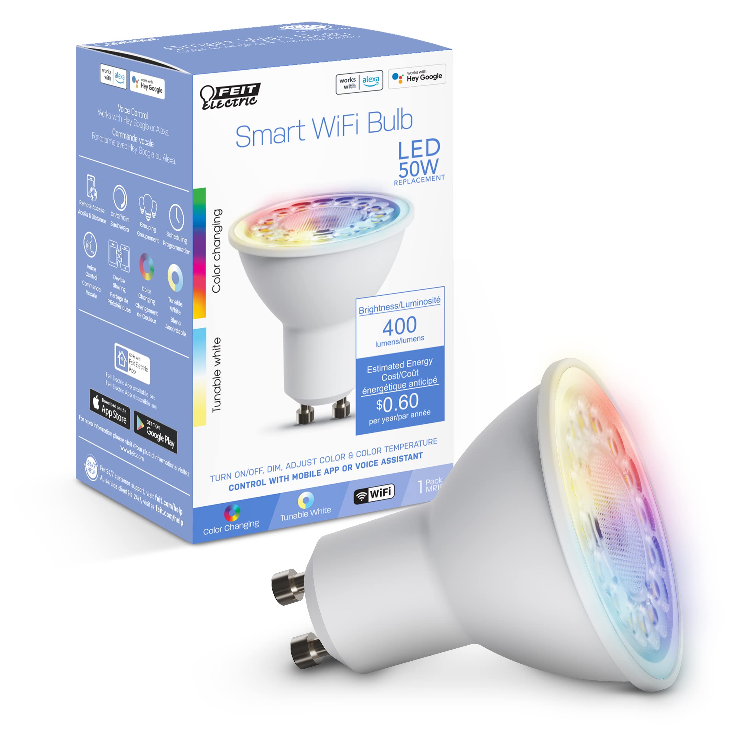 Feit Electric 50-Watt Equivalent MR16 Alexa Google Siri Smart RGBW LED Light Bulb White