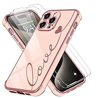 LCHULLE for iPhone 15 Pro Max Case Cute for Women Girls with 2 Screen Protector Love Heart Design Luxury Plating Soft TPU Shockproof Camera Lens Protection Phone Case Cover for iPhone 15 Pro Max, Pink