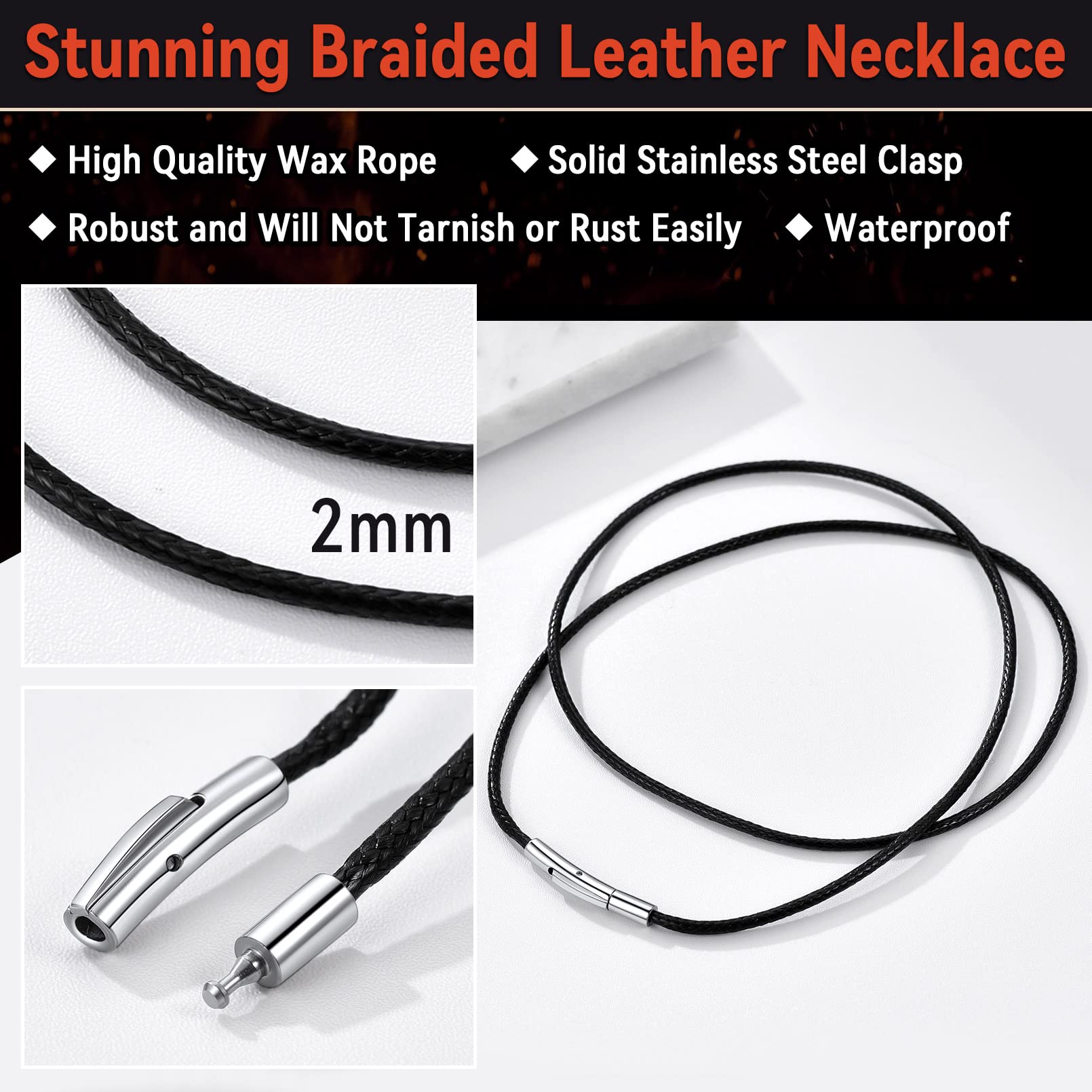 FaithHeart Braided Leather Cord 2MM/3MM Chain Necklace Stainless Steel Durable Snap Clasp, Men Women DIY Waterproof Woven Wax Rope Chain for Pendant (Gift Packaging)