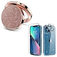 MIODIK Bundle - for iPhone 13 Case Clear Glitter + Phone Ring Holder (Rose Gold), with 9H Tempered Glass Screen Protector + Camera Lens Protector, Protective Shockproof for Women