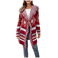 Women Fringe Trim Hooded Knit Cardigans Ethnic Style Casual Open Front Hoodies Long Sleeve Loose Sweater Long Coats