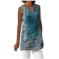 Women's Vintage Floral Tank Top Linen Sleeveless Basic V Neck Blouse Loose Shirts Tank Tops for Women Casual Summer