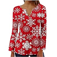 Women's Glitter Christmas Tree Printed Long Sleeve Henley Shirts V Neck Pleated Casual Flare Tunic Blouse Tops