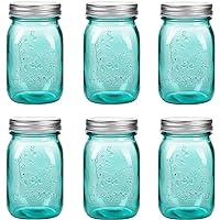 16 oz Teal Mason Jars with Lids，Regular Mouth Canning Jar, 6 Pack Multifunction Glass Container, for Storage, Canning, Pickling, Preserving, Fermenting, DIY Crafts & Decor