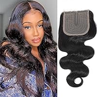 Amella Hair Body Wave T part Human Hair lace Closure Middle Part,Brazilian Virgin Hair 4x0.75inch Lace Closure 18inch 100% Unprocessed Human Hair Can Be Dyed and Bleached