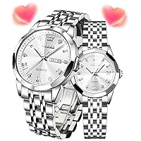 OLEVS Couple Watches His and Her Fashion Dresse Romantic Set Pair Matching Stainless Steel Strap Luminous Waterproof Wrist Watch
