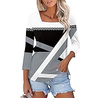 Women Tops 3/4 Length Sleeves Trendy Striped Square Neck Quarter Sleeve Shirt Loose Workout Sweatshirt Blouse