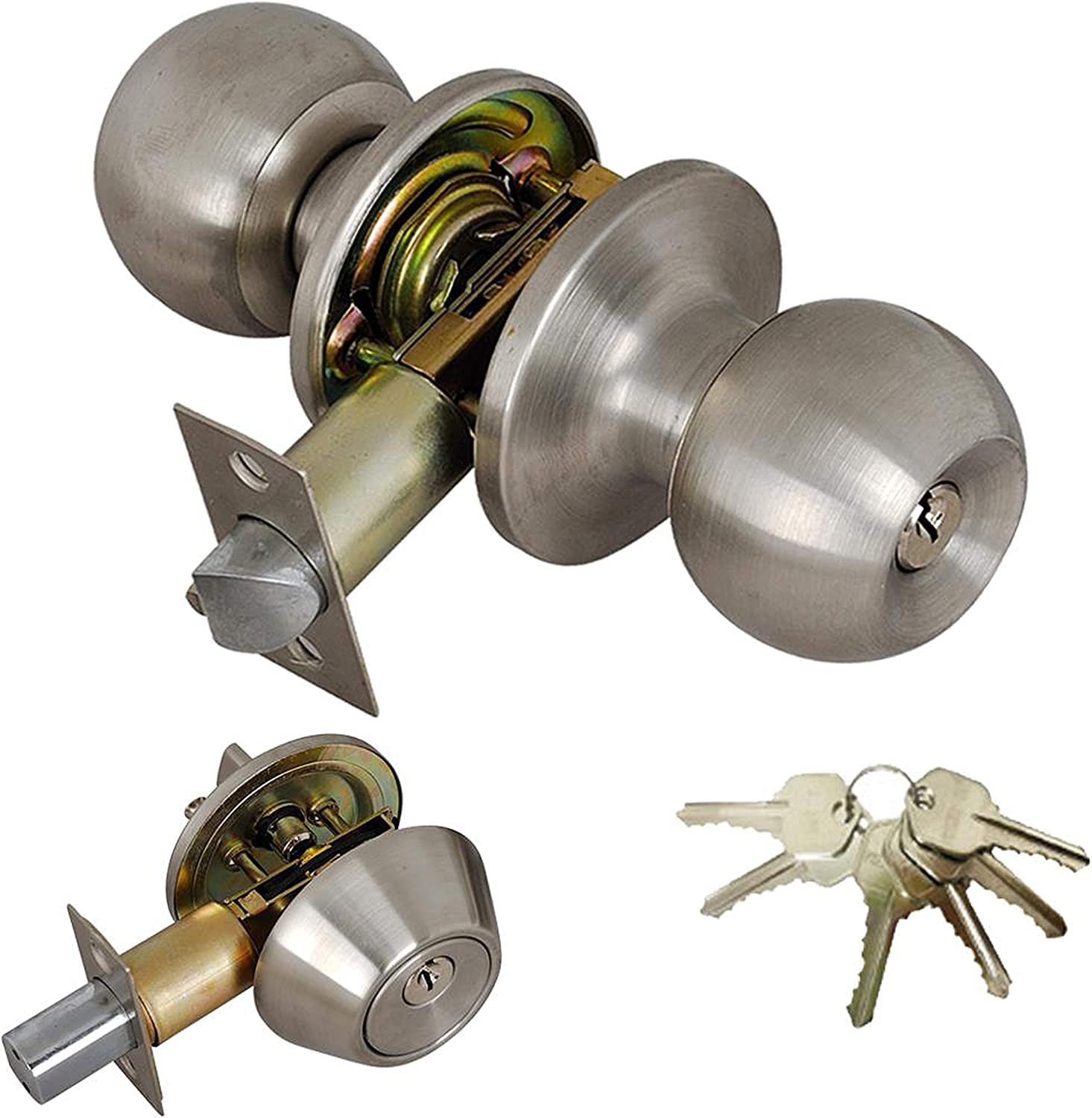 Grip Tight Tools ED03C-3, Set of 3 (Satin Stainless Steel) Combo Entry Lock Set Door Knob and Single Cylinder Deadbolt Alike: SC1 Keyway with 18 Keys Included