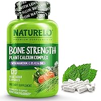 NATURELO Bone Strength - Plant-Based Calcium, Magnesium, Potassium, Vitamin D3, VIT C, K2 - GMO, Soy, Gluten Free Ingredients - Whole Food Supplement for Bone Health - 120 Vegan Friendly Capsules
